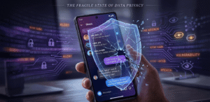 Smartphone displaying Instagram direct messages with broken encryption symbols representing privacy and surveillance concerns.