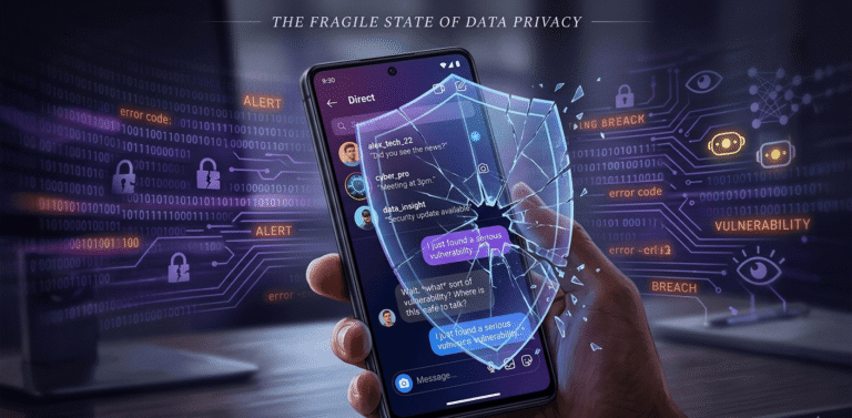 Smartphone displaying Instagram direct messages with broken encryption symbols representing privacy and surveillance concerns.