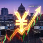 Japanese yen symbol rising on a trading chart with Tokyo skyline, representing sudden currency surge and intervention speculation.