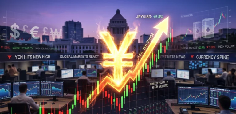 Japanese yen symbol rising on a trading chart with Tokyo skyline, representing sudden currency surge and intervention speculation.