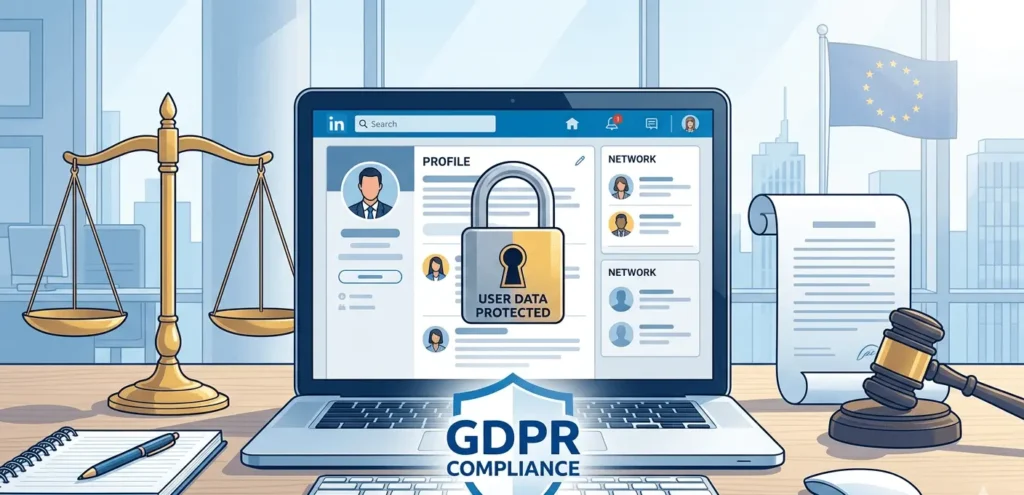 LinkedIn privacy complaint illustration showing locked user data and GDPR legal symbols on a digital interface