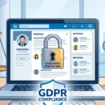 LinkedIn privacy complaint illustration showing locked user data and GDPR legal symbols on a digital interface