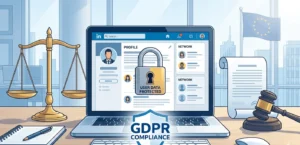 LinkedIn privacy complaint illustration showing locked user data and GDPR legal symbols on a digital interface