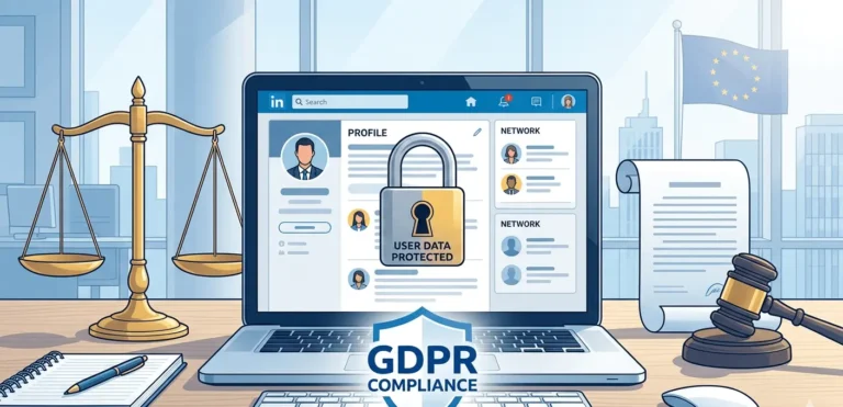 LinkedIn privacy complaint illustration showing locked user data and GDPR legal symbols on a digital interface