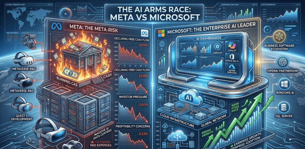 Meta and Microsoft AI comparison showing data centers, enterprise software, cash burn, and stock market growth visuals.