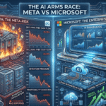 Meta and Microsoft AI comparison showing data centers, enterprise software, cash burn, and stock market growth visuals.