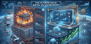 Meta and Microsoft AI comparison showing data centers, enterprise software, cash burn, and stock market growth visuals.