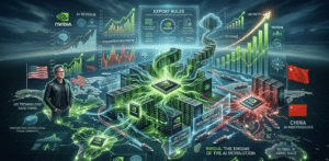NVIDIA AI chips and global semiconductor trade visuals showing China export restrictions and AI infrastructure growth.