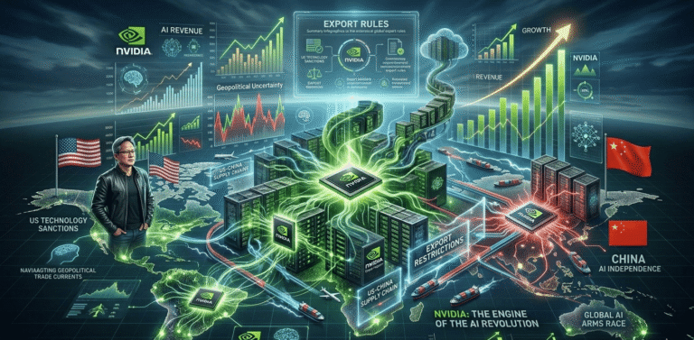 NVIDIA AI chips and global semiconductor trade visuals showing China export restrictions and AI infrastructure growth.