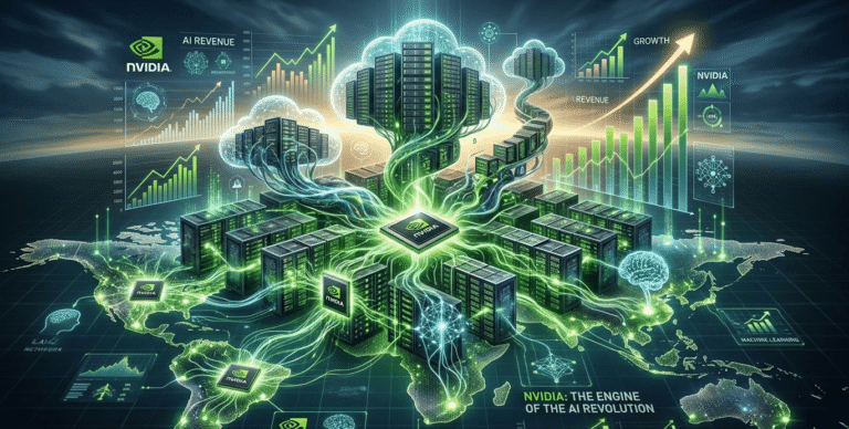NVIDIA AI data centers with advanced GPUs, financial growth charts, and artificial intelligence network graphics.
