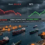 Oil tankers in the Strait of Hormuz with price charts showing divergence between Brent and WTI crude amid geopolitical tensions.