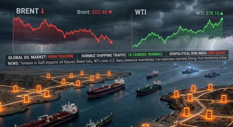 Oil tankers in the Strait of Hormuz with price charts showing divergence between Brent and WTI crude amid geopolitical tensions.