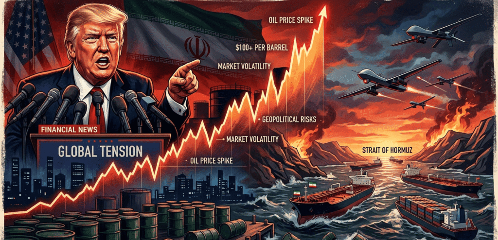 Oil price chart rising beside tanker ships in the Strait of Hormuz with Trump and Middle East conflict visuals.