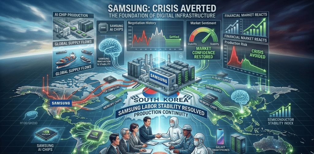 Samsung semiconductor factories, labor negotiations, AI memory chips, and global supply chain technology visuals.