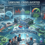 Samsung semiconductor factories, labor negotiations, AI memory chips, and global supply chain technology visuals.