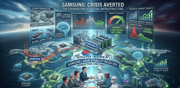 Samsung semiconductor factories, labor negotiations, AI memory chips, and global supply chain technology visuals.