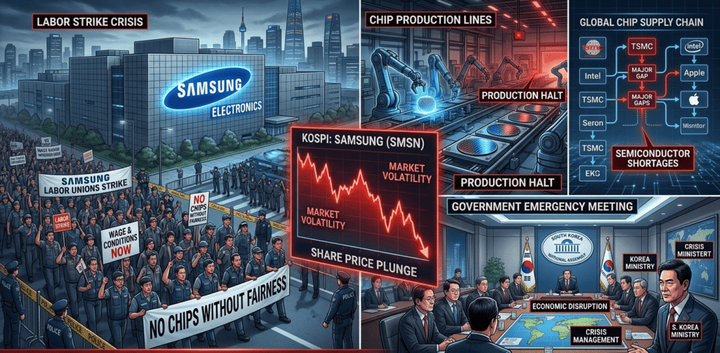 Samsung semiconductor factory with protesting workers, government officials, and global chip supply chain graphics.