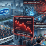Samsung semiconductor factory with protesting workers, government officials, and global chip supply chain graphics.