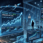SpaceX rocket launch with Starlink satellites and financial market graphics symbolizing IPO demand and index fund buying.