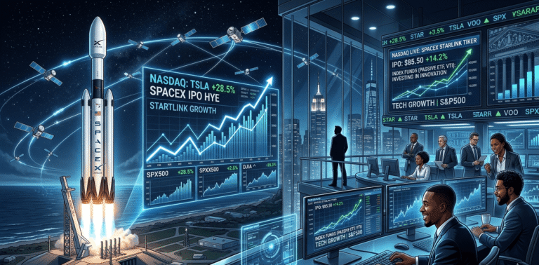SpaceX rocket launch with Starlink satellites and financial market graphics symbolizing IPO demand and index fund buying.