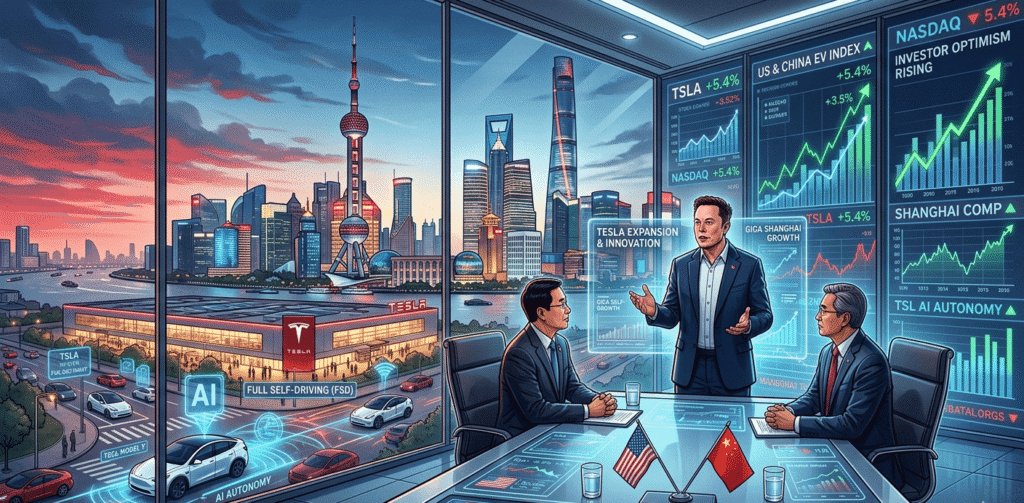 Tesla stock climbed as investors reacted to Elon Musk joining President Trump’s high-profile China visit.