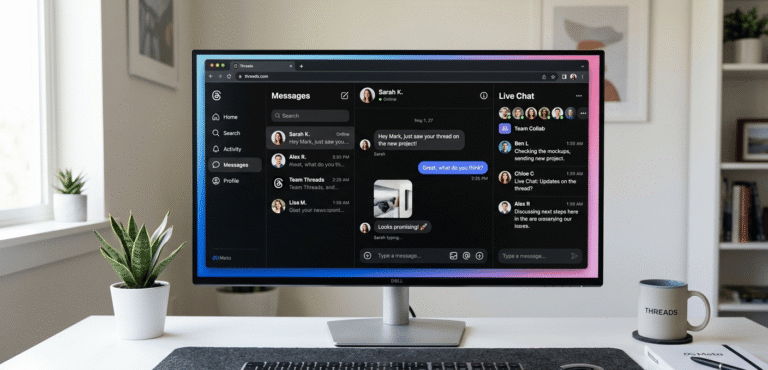 Threads web messaging interface with direct messages and live chat feature displayed on desktop browser screen.