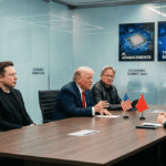 Trump meeting Chinese officials alongside major American tech CEOs during AI and semiconductor trade discussions.