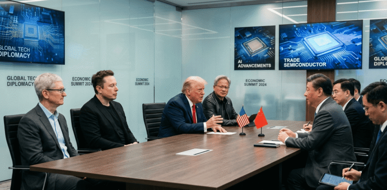 Trump meeting Chinese officials alongside major American tech CEOs during AI and semiconductor trade discussions.