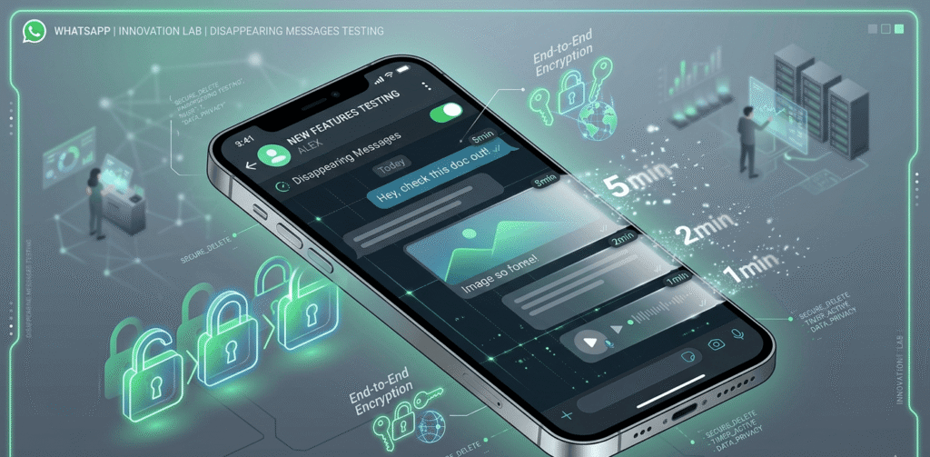 WhatsApp chat interface with disappearing messages, countdown timers, and digital privacy security icons.