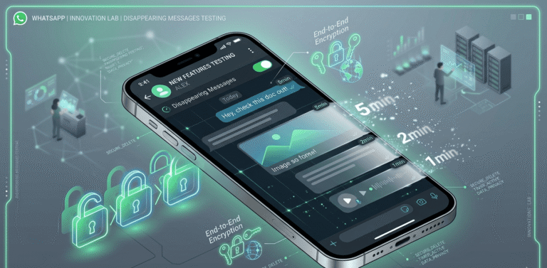 WhatsApp chat interface with disappearing messages, countdown timers, and digital privacy security icons.