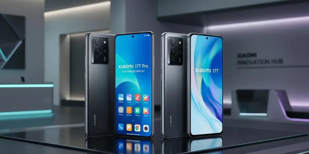 Xiaomi 17T and 17T Pro smartphones with flat AMOLED displays and sleek premium design in leaked render view.