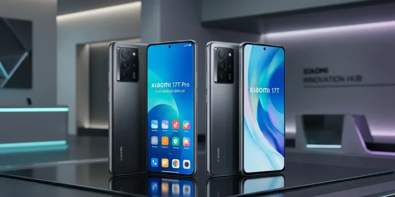 Xiaomi 17T and 17T Pro smartphones with flat AMOLED displays and sleek premium design in leaked render view.