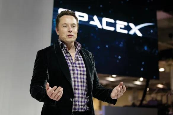 SpaceX Starship rocket at launch pad with stock market graphics, engineers, and futuristic aerospace visuals.