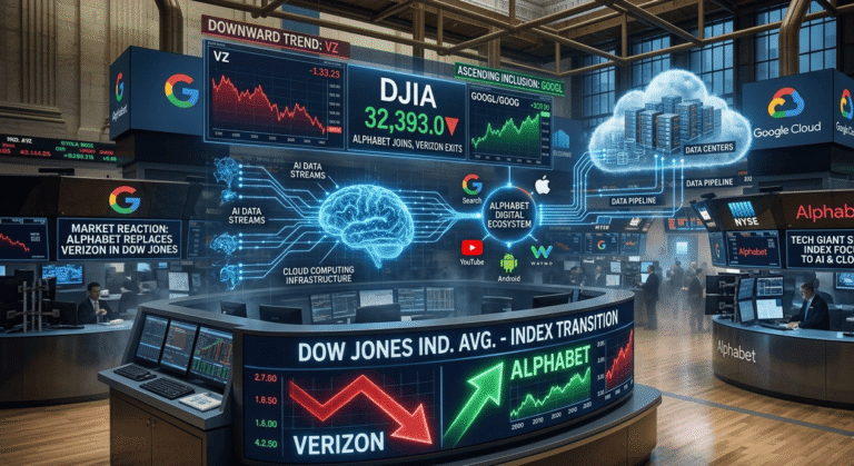 Alphabet joins the Dow Jones Industrial Average on June 29, replacing Verizon in a major index overhaul.