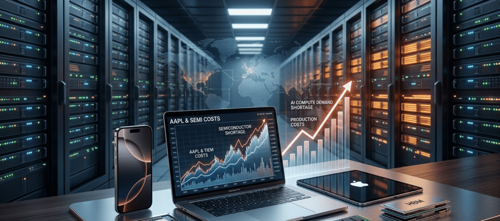 Apple products including MacBook, iPhone, and iPad shown with semiconductor chips and AI data center servers, illustrating rising hardware costs caused by increasing AI infrastructure demand.