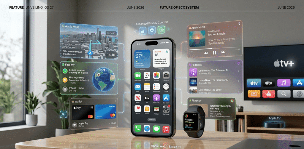 iPhone displaying iOS 27 with updated Apple Maps, Wallet, Music, Find My, and privacy features integrated across Apple's ecosystem.