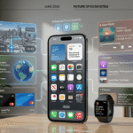 iPhone displaying iOS 27 with updated Apple Maps, Wallet, Music, Find My, and privacy features integrated across Apple's ecosystem.