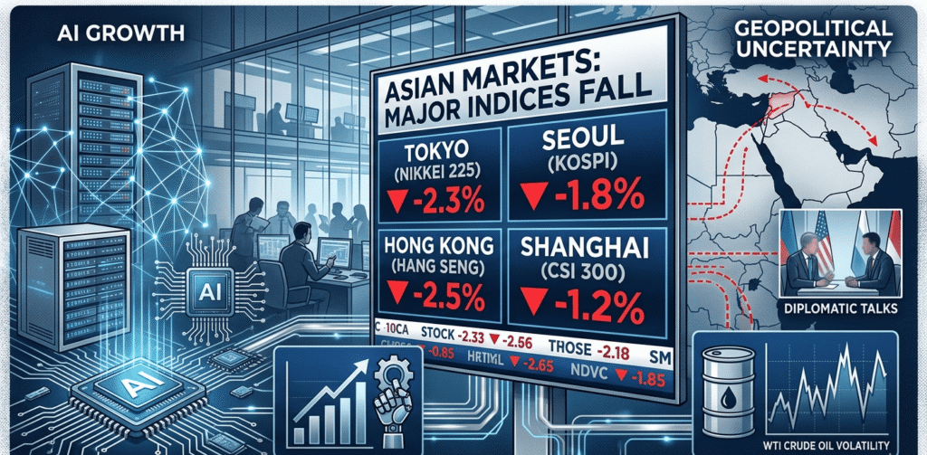 Asian stock market screens with falling indices, AI technology graphics, geopolitical maps, and global financial market indicators.