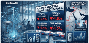 Asian stock market screens with falling indices, AI technology graphics, geopolitical maps, and global financial market indicators.
