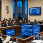US Capitol and lawmakers discussing FISA Section 702 surveillance authority, intelligence oversight, and national security policy.