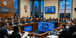 US Capitol and lawmakers discussing FISA Section 702 surveillance authority, intelligence oversight, and national security policy.