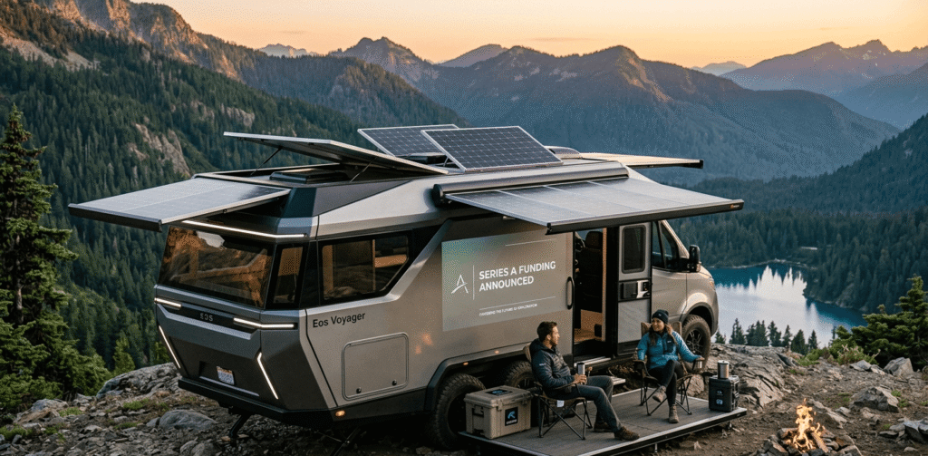 Evotrex hybrid off-grid recreational vehicle showcasing innovative battery technology and sustainable travel capabilities.
