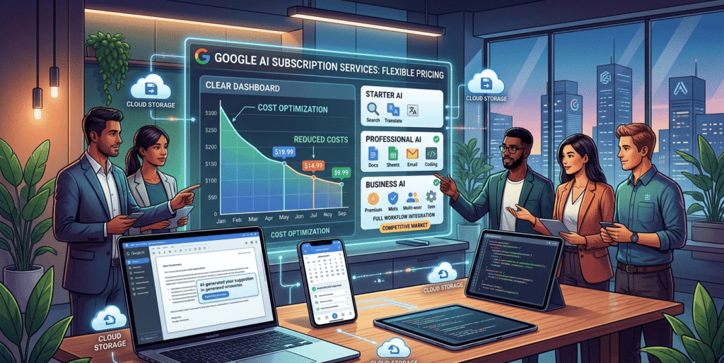 Google AI Plus subscription plan showing lower pricing, expanded cloud storage, and AI-powered productivity tools in a competitive technology market.