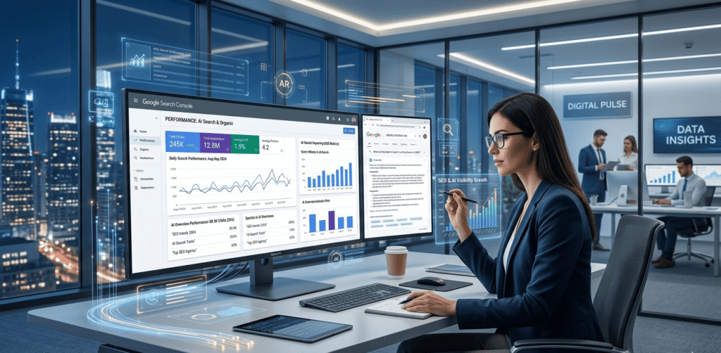 Google Search Console dashboard displaying AI search reports, visibility metrics, and website performance analytics.