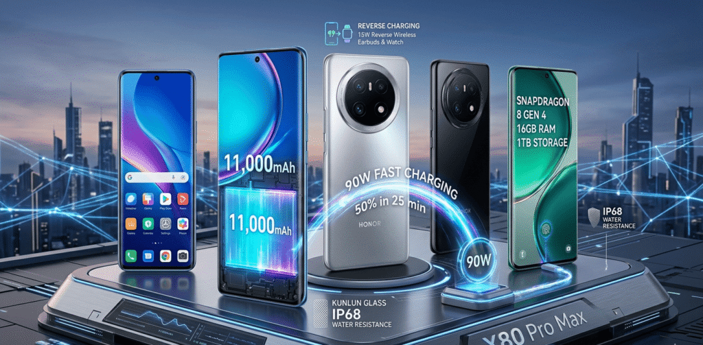 Honor X80 Pro Max smartphone featuring an 11,000mAh battery, 90W fast charging, large display, and premium design in multiple colors.