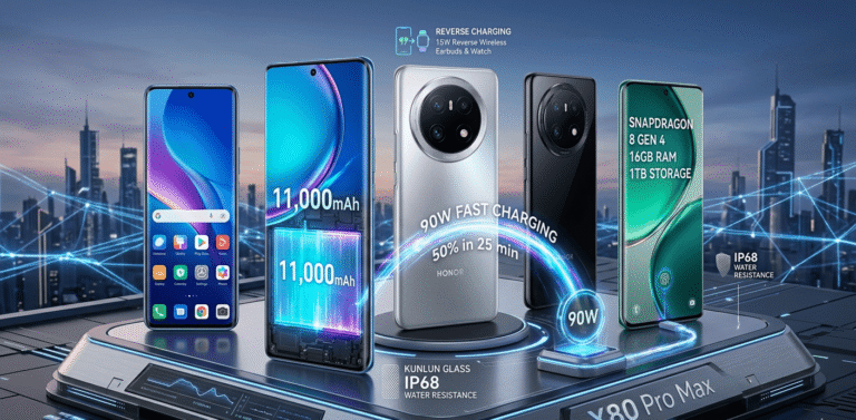 Honor X80 Pro Max smartphone featuring an 11,000mAh battery, 90W fast charging, large display, and premium design in multiple colors.