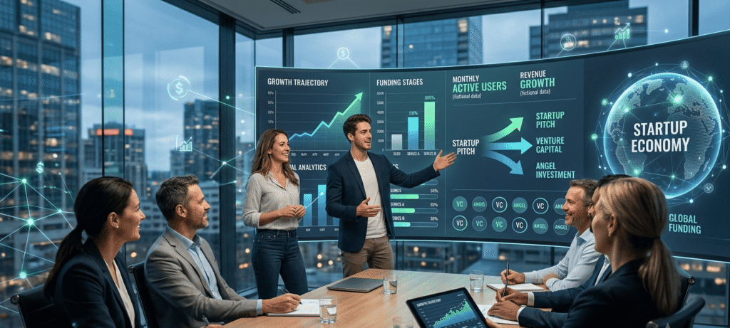 Entrepreneurs presenting a startup funding pitch to investors during a venture capital meeting.