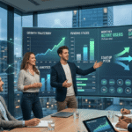 Entrepreneurs presenting a startup funding pitch to investors during a venture capital meeting.