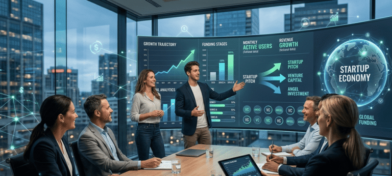 Entrepreneurs presenting a startup funding pitch to investors during a venture capital meeting.