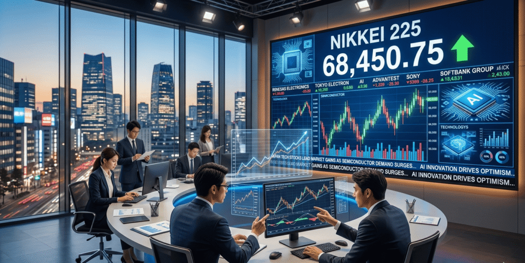 Japan’s Nikkei 225 crosses 68,000 as AI and semiconductor stocks lead a broad market rally.
